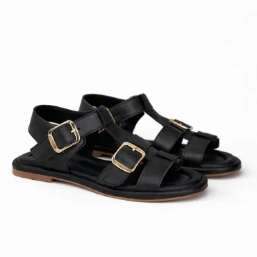 Sandale joase dama Piele Naturala Negre cu catarame aurii Capri
