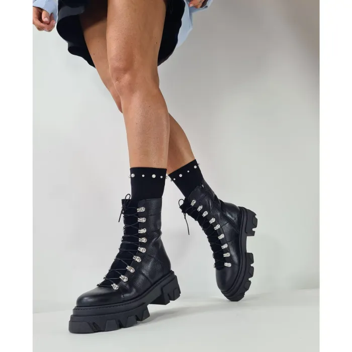 Ghete dama Piele Naturala Negre cu accesorii argintii Ivanna picture - 3