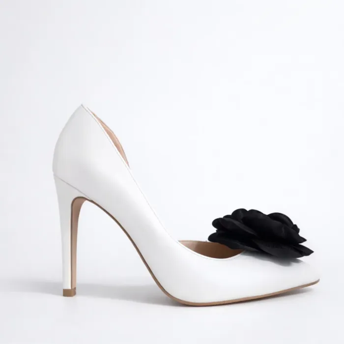 Pantofi stiletto Piele Naturala Albi sidefat cu floare Madona picture - 2