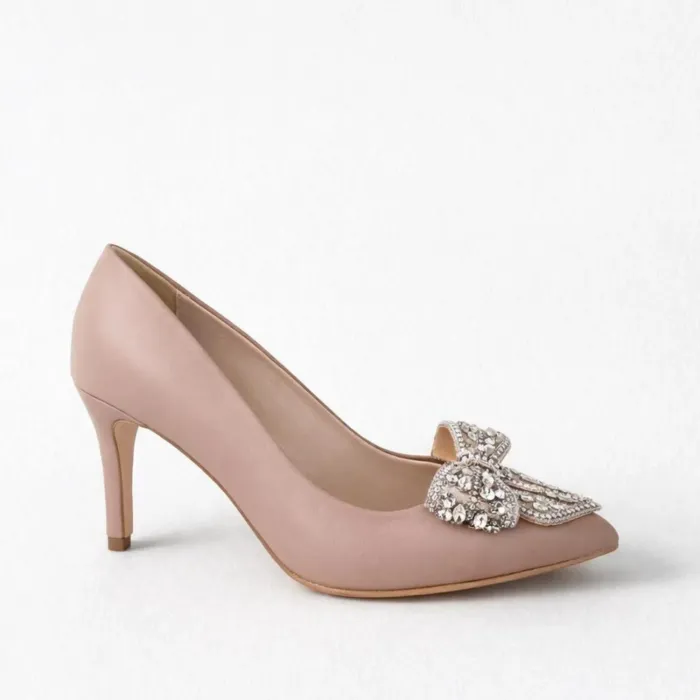 Pantofi stiletto Piele Naturala Bej Lux cu funde picture - 2