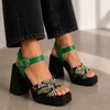 Sandale dama cu platforma si toc gros Piele Naturala Negre cu Verde Vanta picture - 1