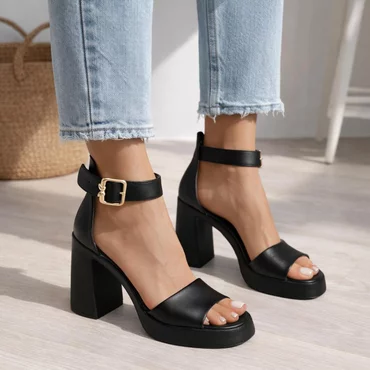 Sandale dama cu platforma si toc gros Piele Naturala Negre Midnight