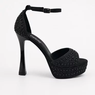 Sandale dama elegante cu platou satin Negru cu perle Perla