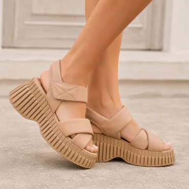 Sandale dama Piele Naturala Bej cu talpa platforma Anya