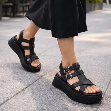 Sandale dama Piele Naturala Negre cu platforma si barete Shadow