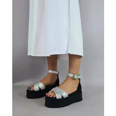 Sandale de dama Piele Naturala neagra cu argintiu Moza