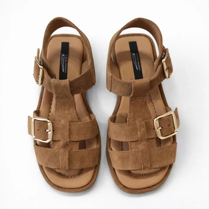 Sandale joase dama Piele Naturala Maro caramel cu catarame aurii Capri picture - 4