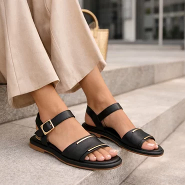 Sandale joase dama Piele Naturala Negre cu accente aurii Soft Noir