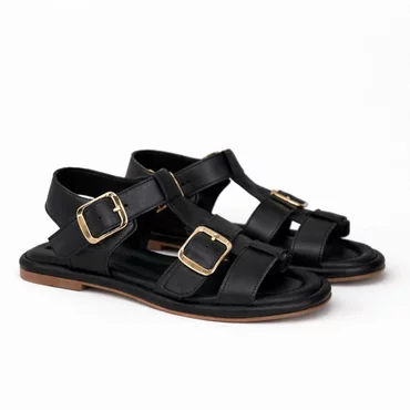 Sandale joase dama Piele Naturala Negre cu catarame aurii Capri