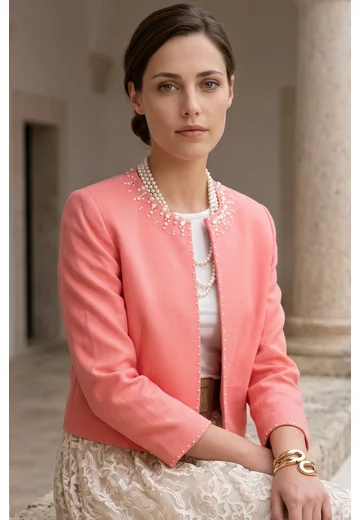 Blazer coral frenesia din in cu explozie de perle