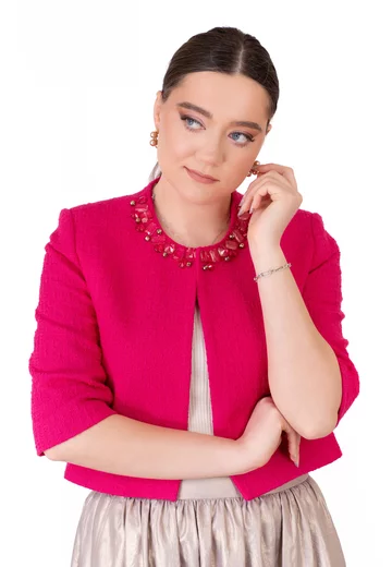 Blazer din tweed de bumbac texturat cu ciorchine din pietre ton in ton