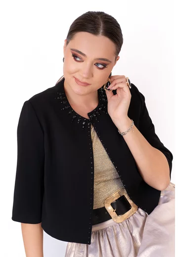 Blazer elegant negru cu explozie de strasuri ton in ton