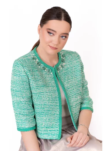 Blazer pepit mentol accesorizat cu strasuri si perle
