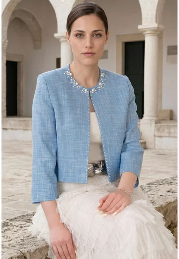 Blazer rain drops din tweed decorat cu perle si strasuri