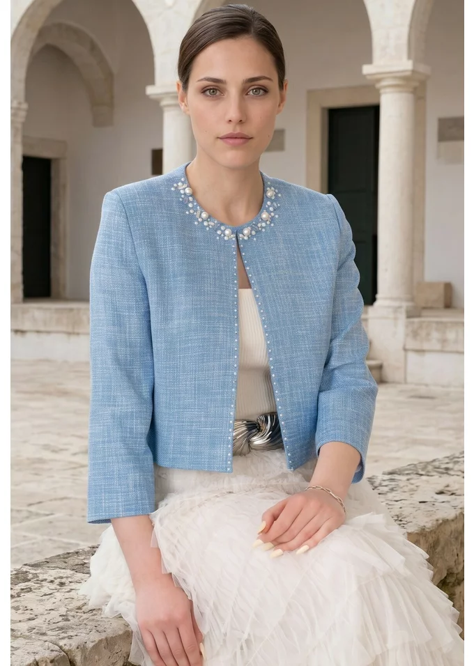 Blazer rain drops din tweed decorat cu perle si strasuri
