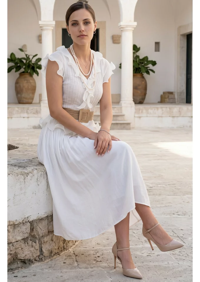 Bluza alba cu volane decorative