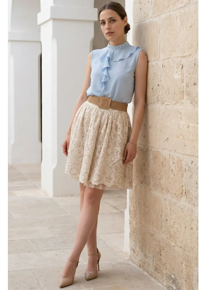 Bluza baby blue din voal cu detaliu tip cascada , strasuri si perle