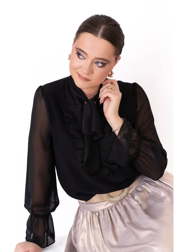 Bluza black glow din vascoza cu esarfa si volan brodat