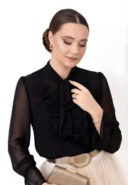 Bluza black glow din vascoza cu esarfa si volan brodat