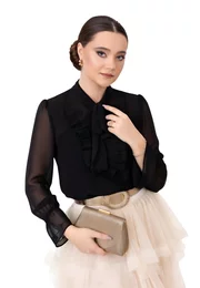 Bluza black glow din vascoza cu esarfa si volan brodat