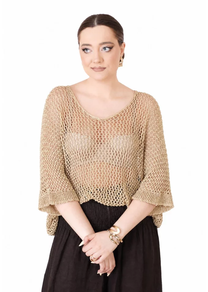 Bluza crosetata din macrame auriu cu fir lurex
