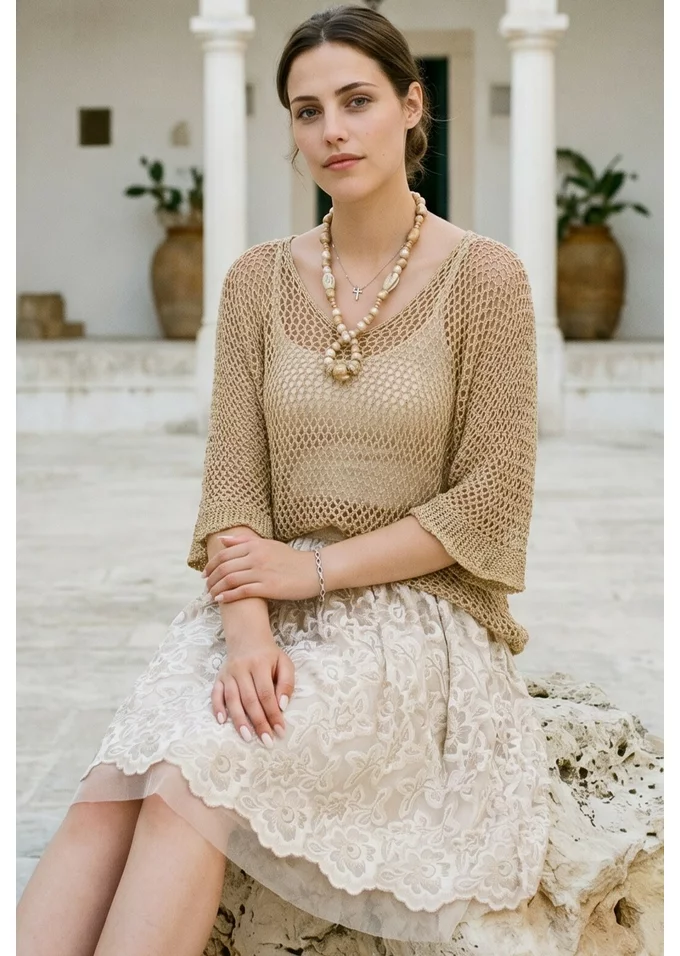 Bluza crosetata din macrame auriu cu fir lurex