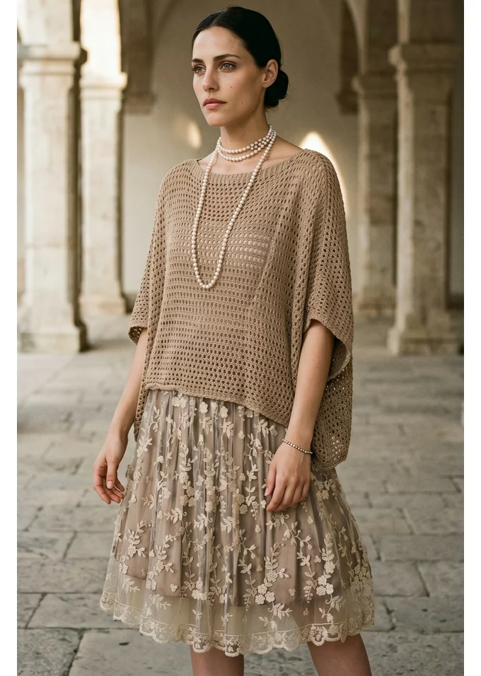 Bluza crosetata din macrame bej