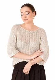 Bluza crosetata din macrame cream cu paiete fine