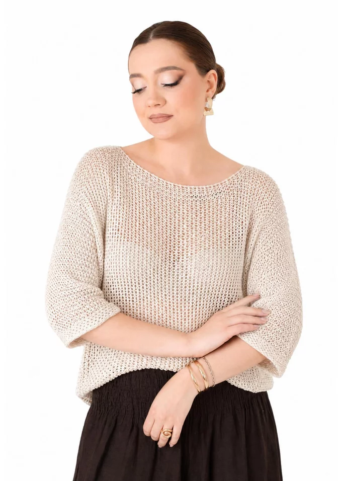 Bluza crosetata din macrame cream cu paiete fine