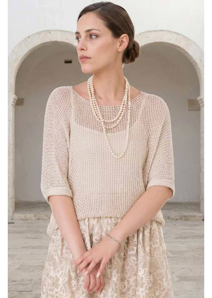 Bluza crosetata din macrame cream cu paiete fine