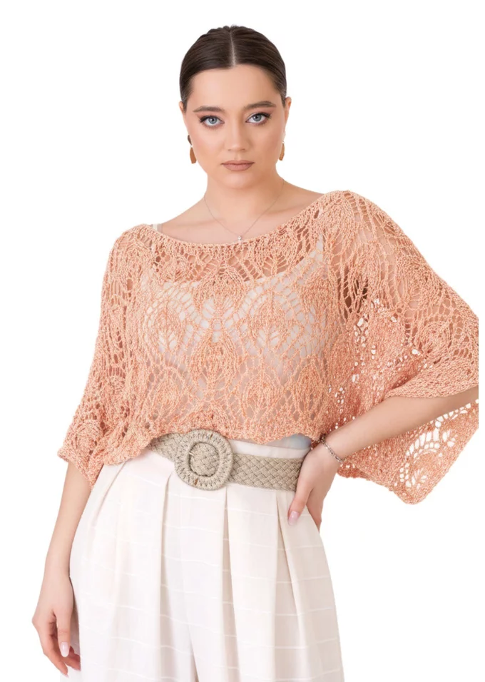 Bluza crosetata din macrame orange cu fir lurex