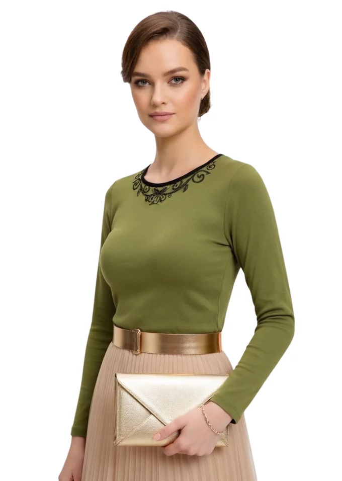 Bluza dark lime accesorizata cu broderie