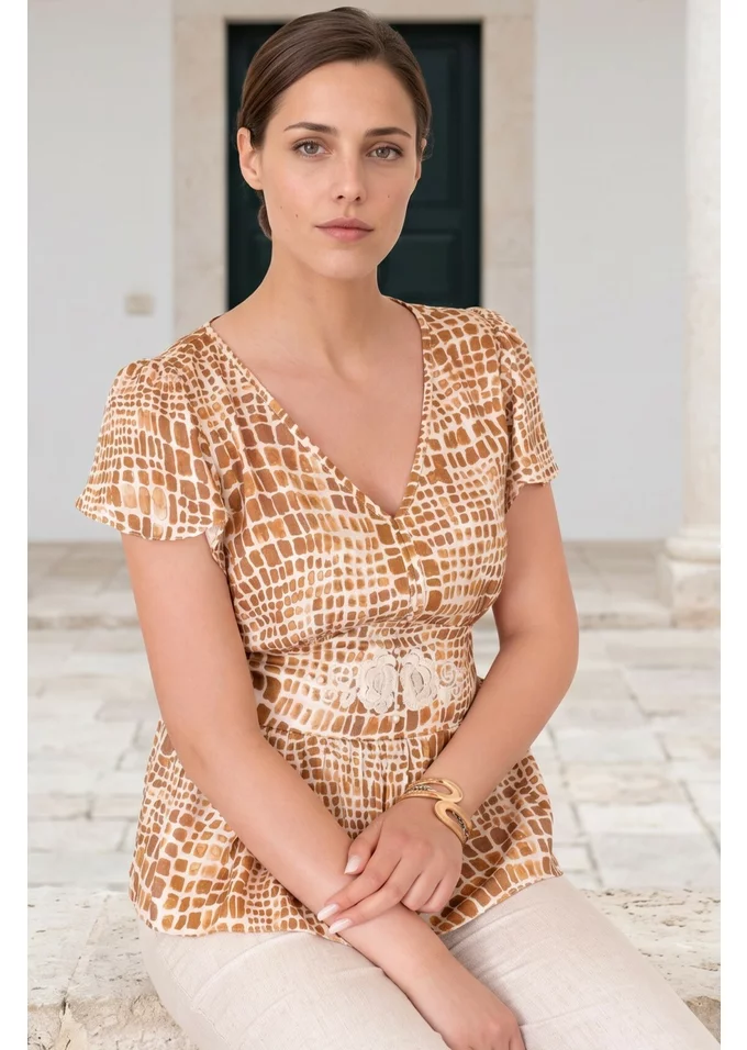 Bluza din vascoza imprimata coniac crem vibrat