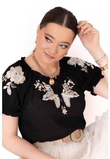 Bluza de vara racoroasa black  brezze cu broderie crem auriu