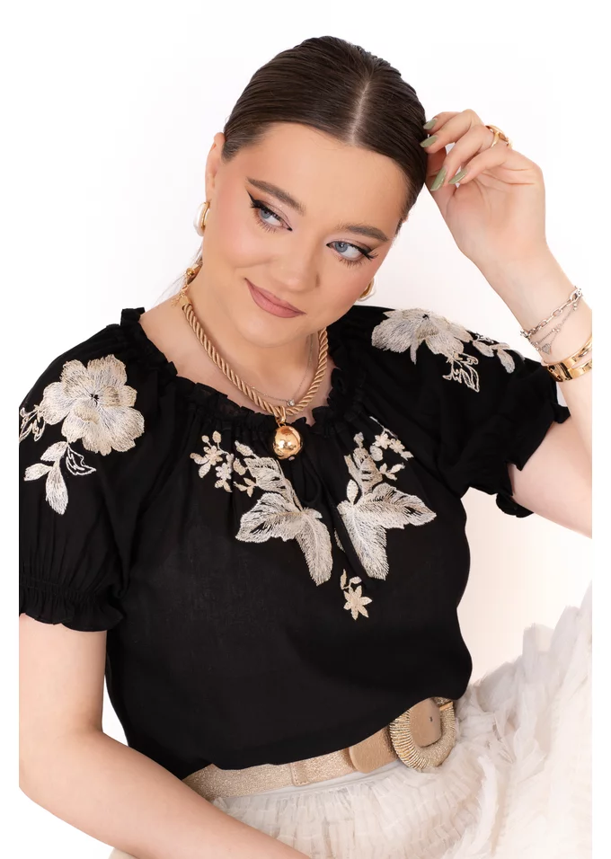 Bluza de vara racoroasa black  brezze cu broderie crem auriu