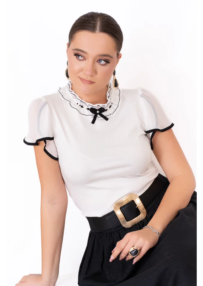 Bluza dual tone din jerse cu volanas brodat si funda neagra