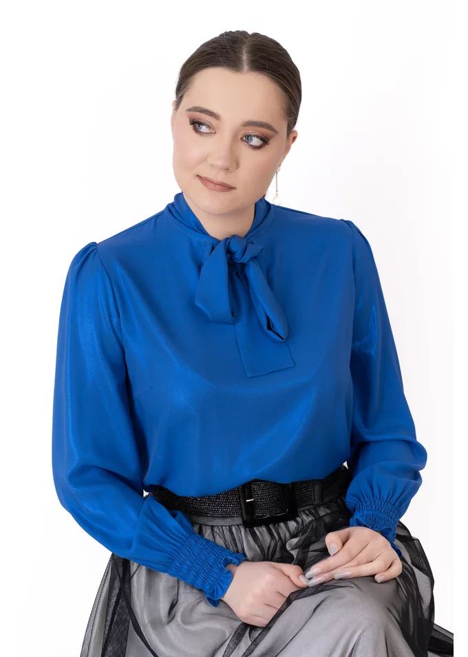 Bluza eleganta albastru topaz sidefat decorata cu esarfa