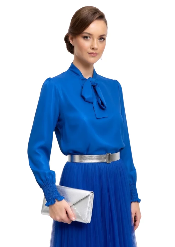 Bluza eleganta albastru topaz sidefat decorata cu esarfa