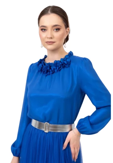 Bluza eleganta albastru topaz sidefat decorata cu flori