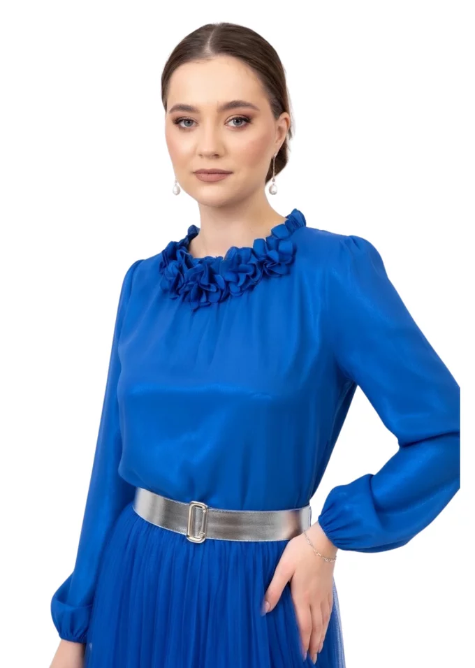 Bluza eleganta albastru topaz sidefat decorata cu flori