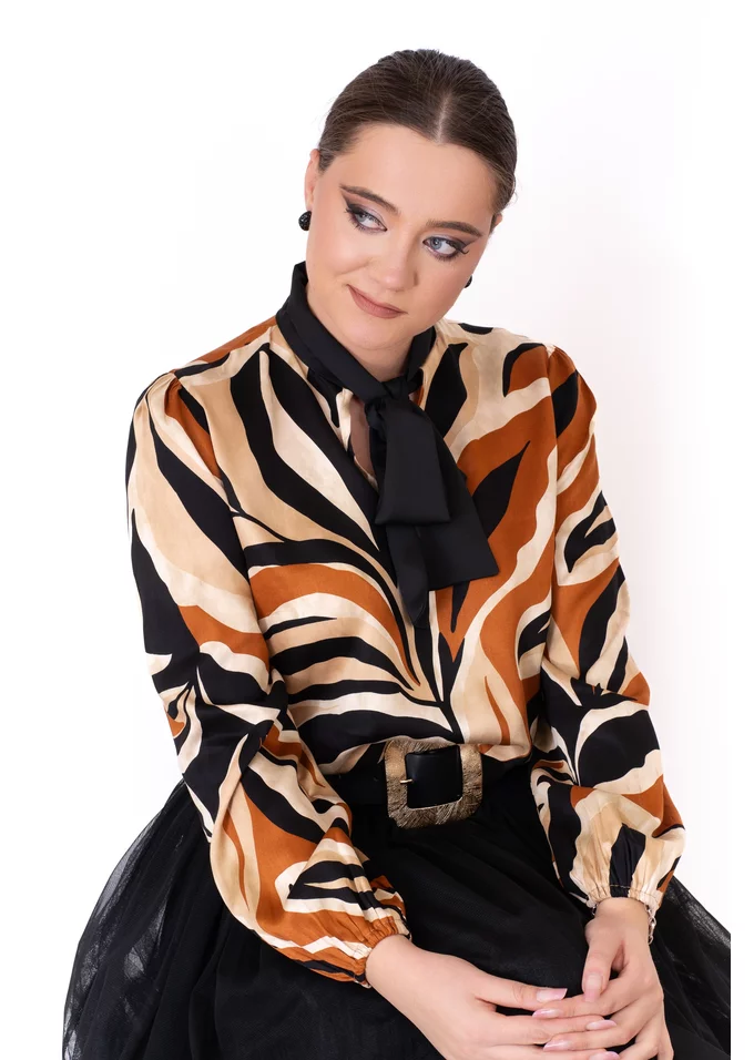 Bluza eleganta brown mirage cu esarfa in contrast