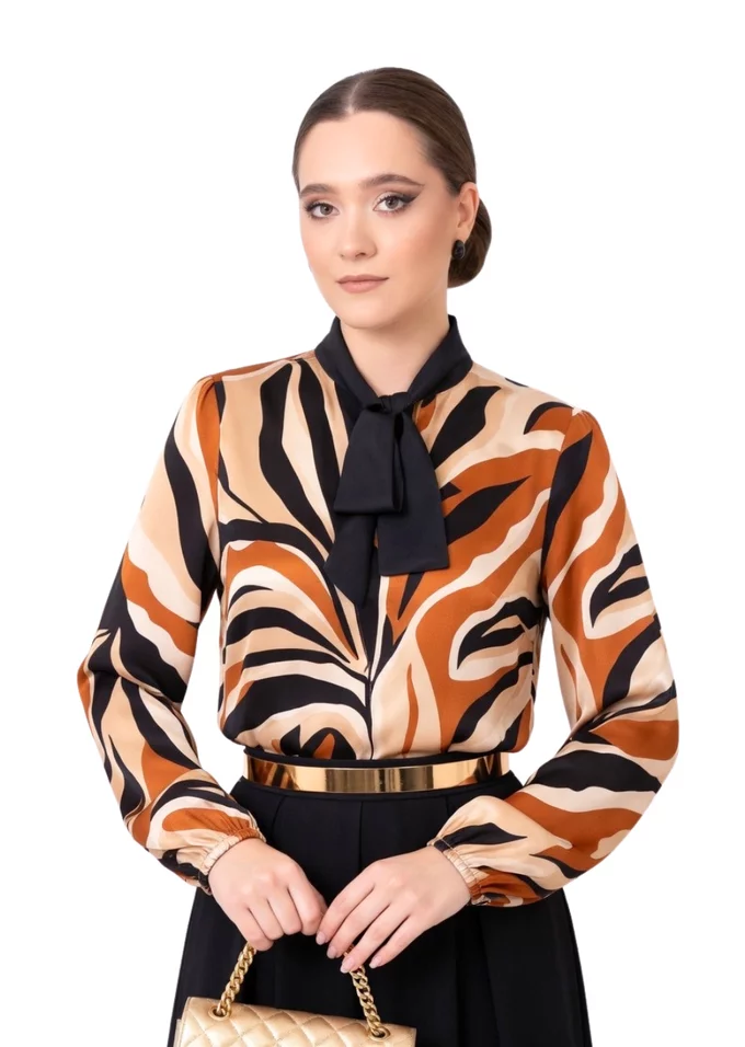 Bluza eleganta brown mirage cu esarfa in contrast