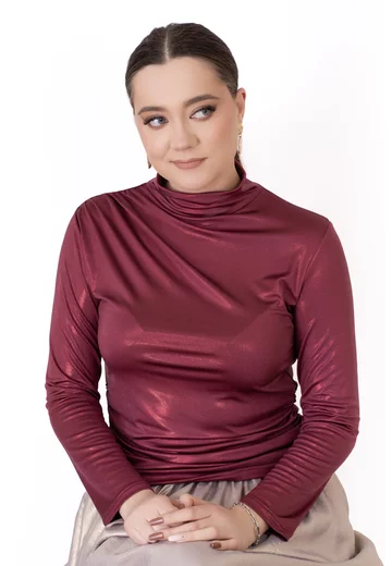 Bluza eleganta burgundy glittery cu elastic lateral
