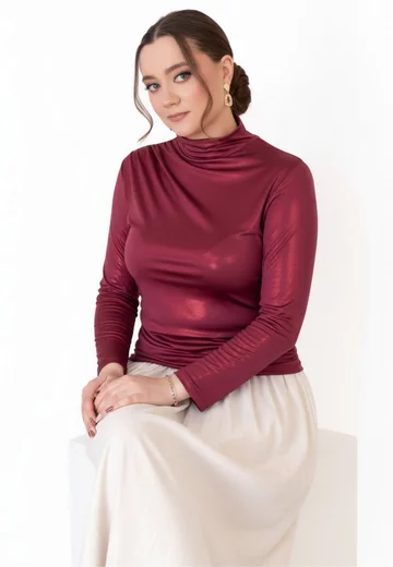 Bluza eleganta burgundy glittery cu elastic lateral