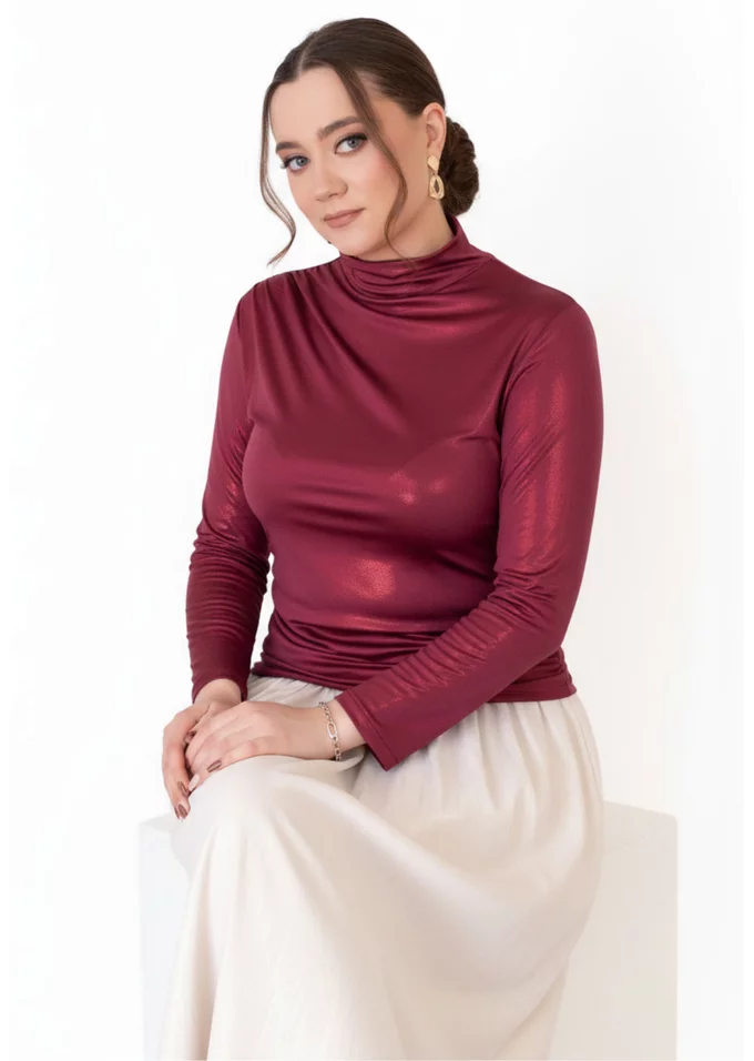 Bluza eleganta burgundy glittery cu elastic lateral