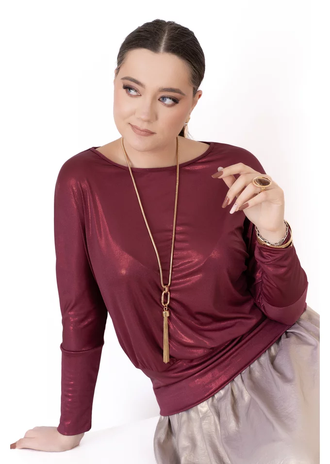 Bluza eleganta burgundy glittery decorata cu benzi