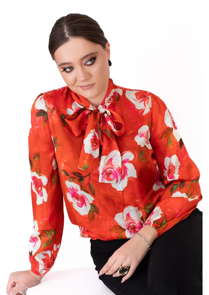 Bluza eleganta coral bloom cu esarfa tip funda
