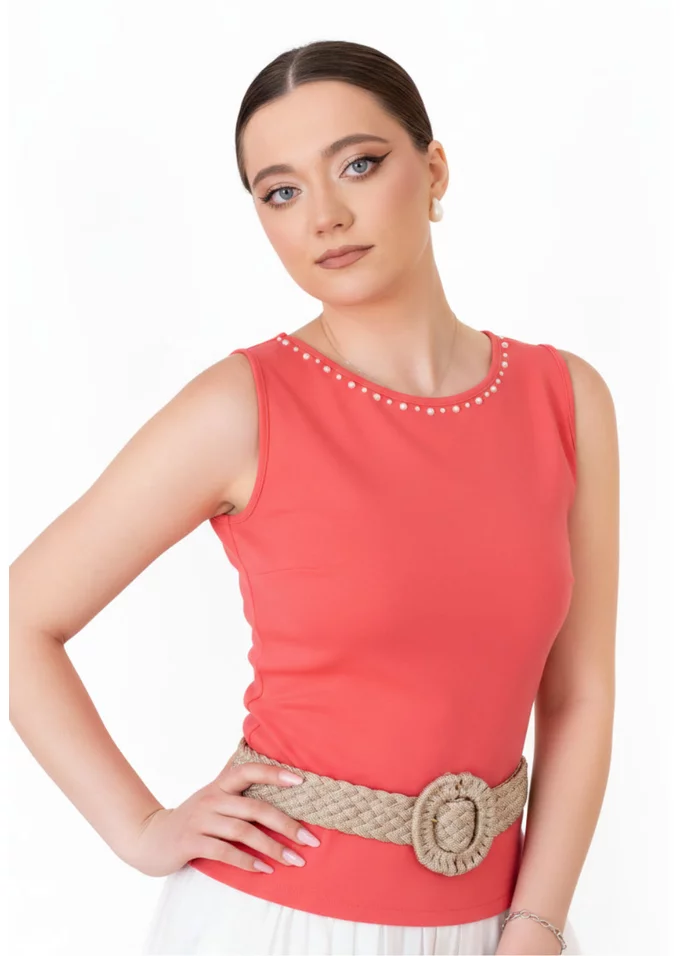Bluza eleganta coral dream fara maneci decorata cu perle
