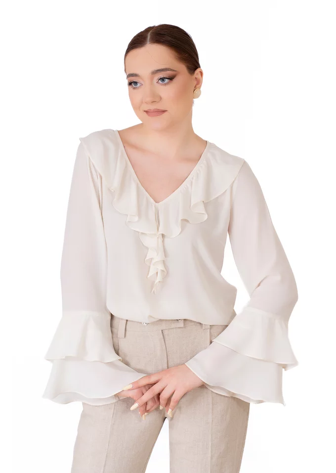 Bluza eleganta cream cu detaliu tip cascada