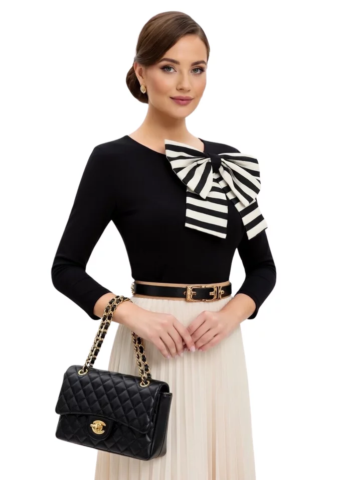 Bluza eleganta cu funda monocrome stripes din tafta alb negru